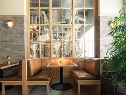 Booth in front of a glass window with natural light and greenery at Brewery Saint X restaurant